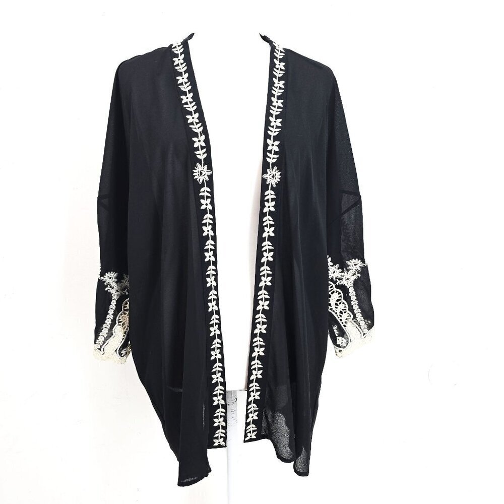 Forever 21 Black White Floral Mesh Embroidered Open Front Cardigan Women Large